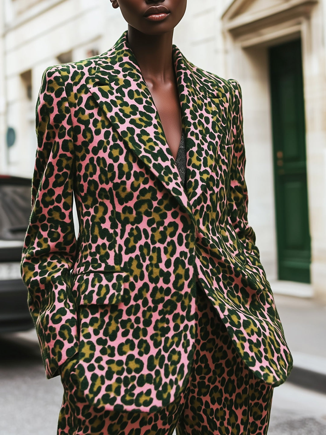 Classic Pink Leopard Print Blazer And Pants Suit