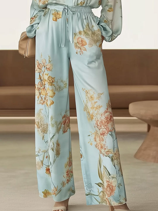 Sky Blue Satin Floral Relaxed Set - Pants