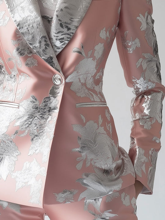 Silky Pink-Silver Satin Jacquard Blazer