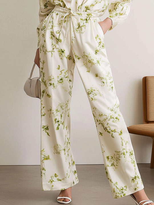 Elegant Satin Floral Shirt Set - Pants