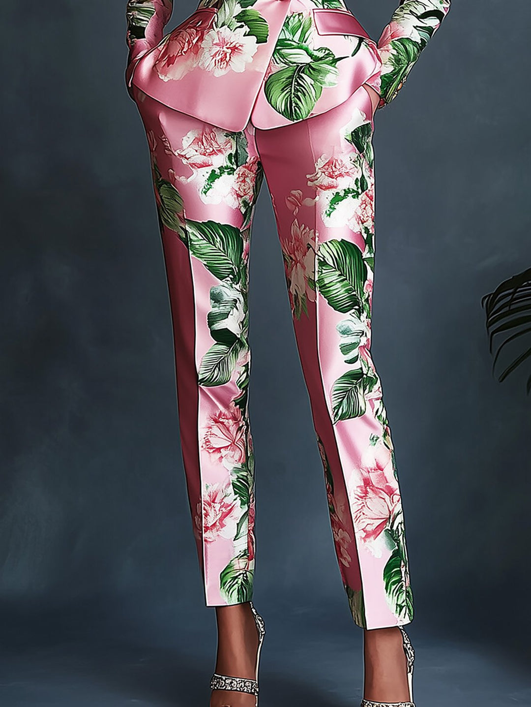 Polished Pink Satin Floral Blazer Ensemble