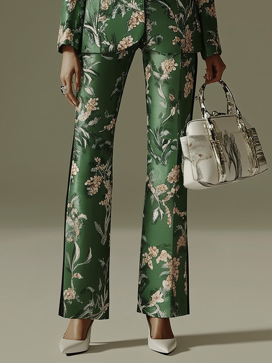 Botanical Luxe Emerald Green Satin Floral Blazer Suit