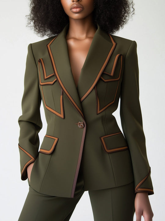 Olive Green Blazer with Brown Trim