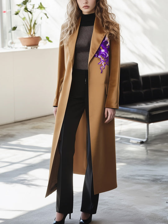 Elegant Camel Trench Coat with Purple Floral Print