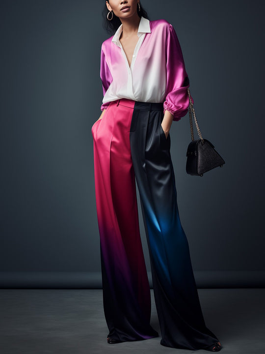 Colorful Gradient Satin Shirt and Pants Set