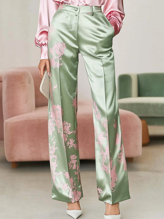 Pink and Green Satin Printed Shirt Suit