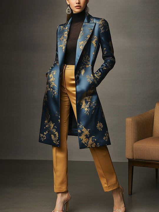 【24-hour shipping】Golden Twilight Navy and Gold Floral Satin Overcoat