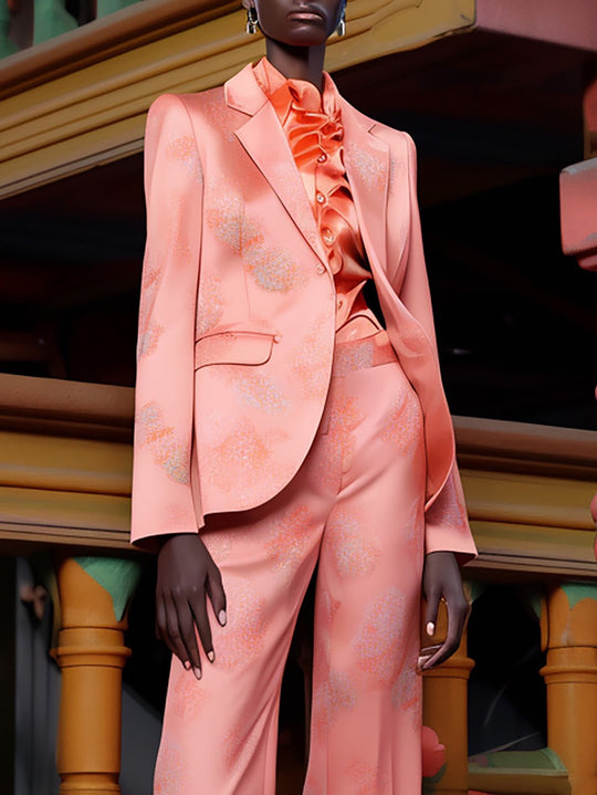 Chic Coral and Peach Printed Satin Set - Blazer