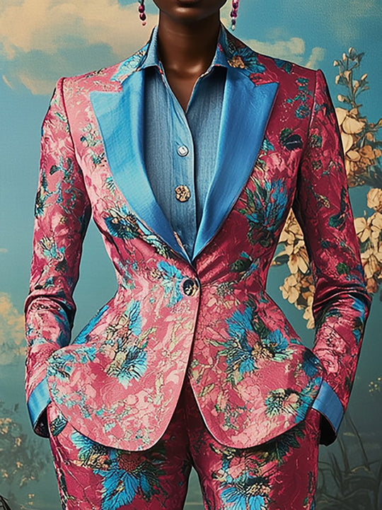 Floral Luxe Pink and Blue Blazer Ensemble - Blazer