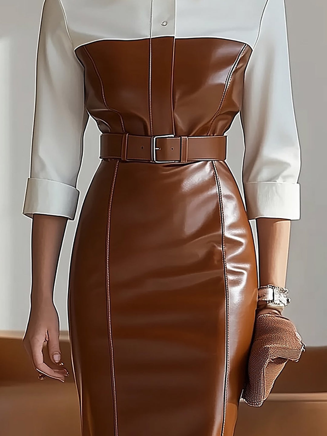 Elegant Leather-Trimmed Shirt Dress