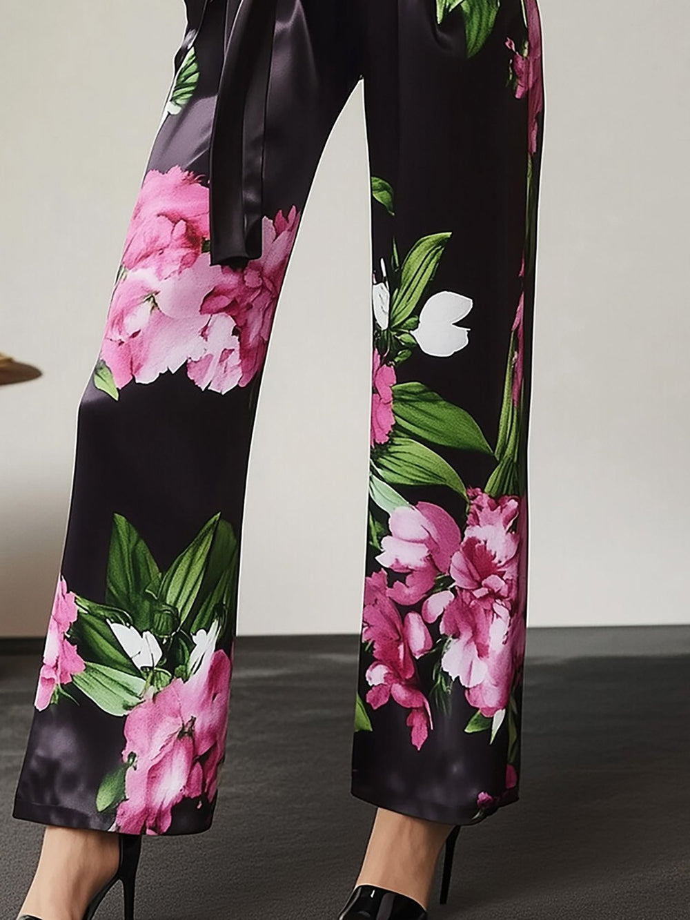 Chic Floral Print Satin Shirt Set - Pants