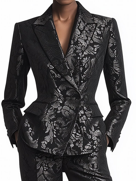 Elegant Black Lace Print Suit - Blazer