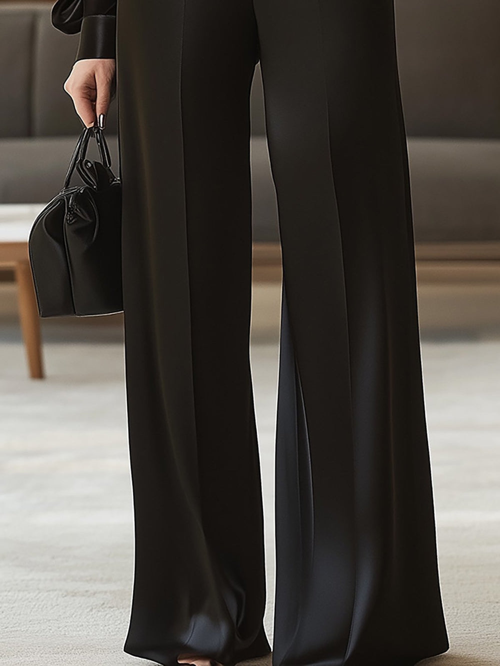 Black Satin Ensemble with 3D Rose Detail - Pants