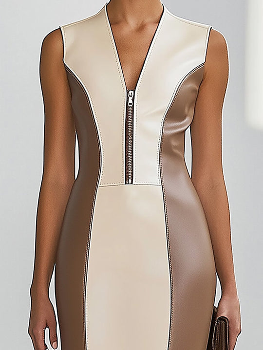 Modern Sleeveless Leather Dress with Zipper Detail