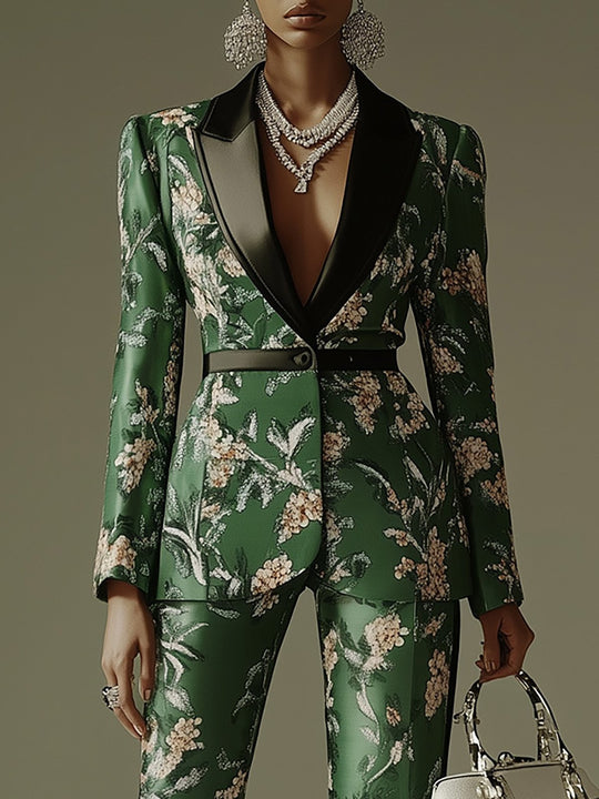 Botanical Luxe Emerald Green Satin Floral Blazer Suit