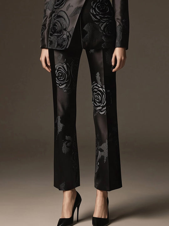 Modern Floral-Embellished Satin Suit - Pants