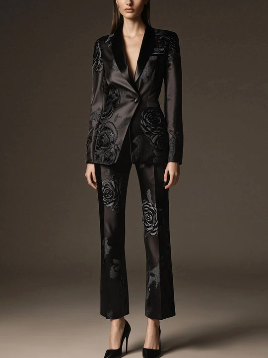 Modern Floral-Embellished Satin Suit