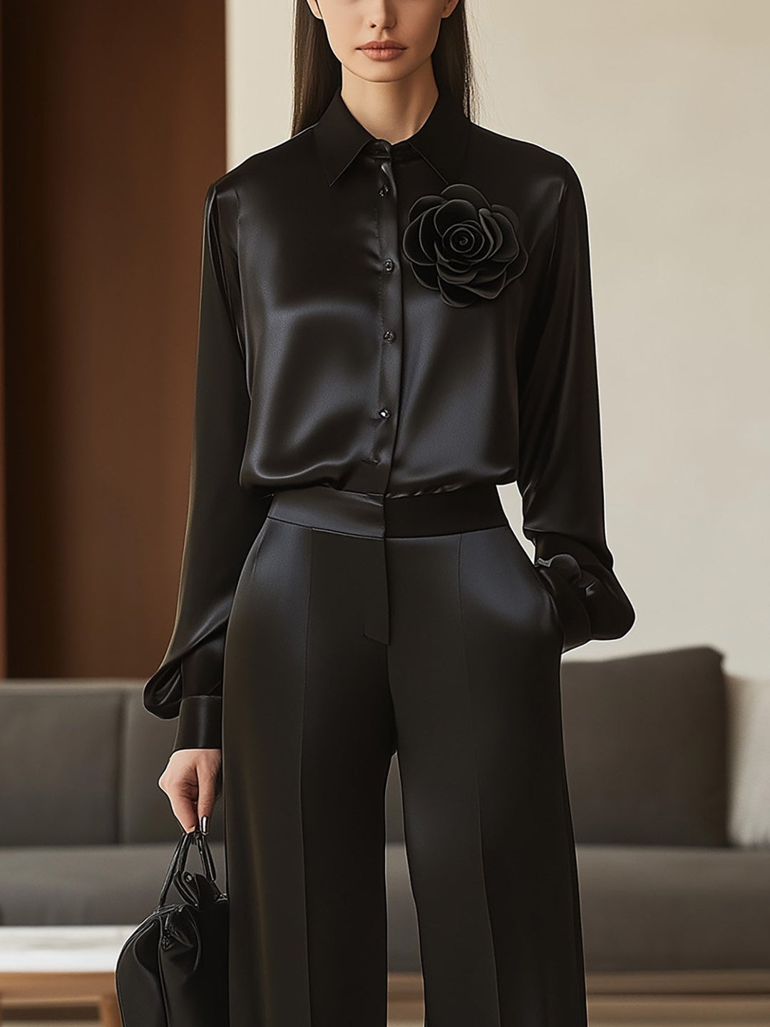 Black Satin Ensemble with 3D Rose Detail