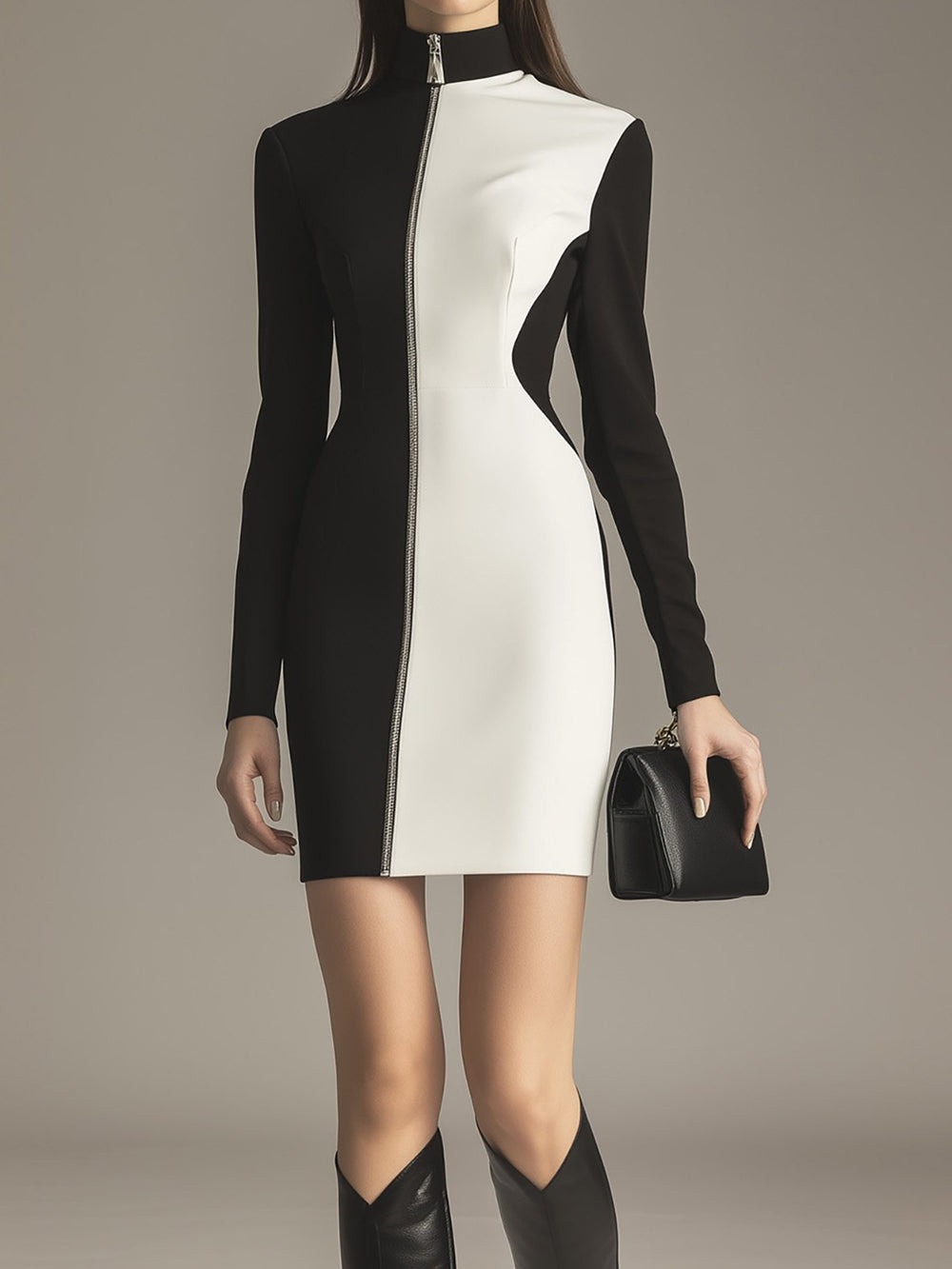 Sleek Two-Tone Long Sleeve Dress with Zip Detail