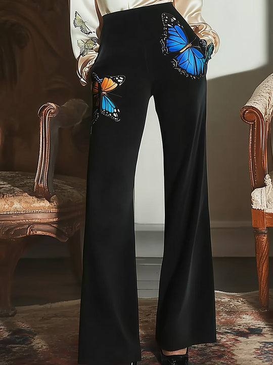 Elegant Butterfly Print Satin Suit - Pants