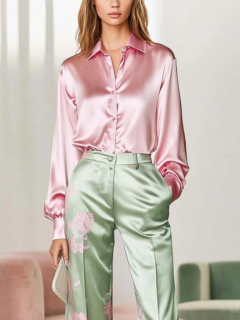 Pink and Green Satin Printed Shirt Suit