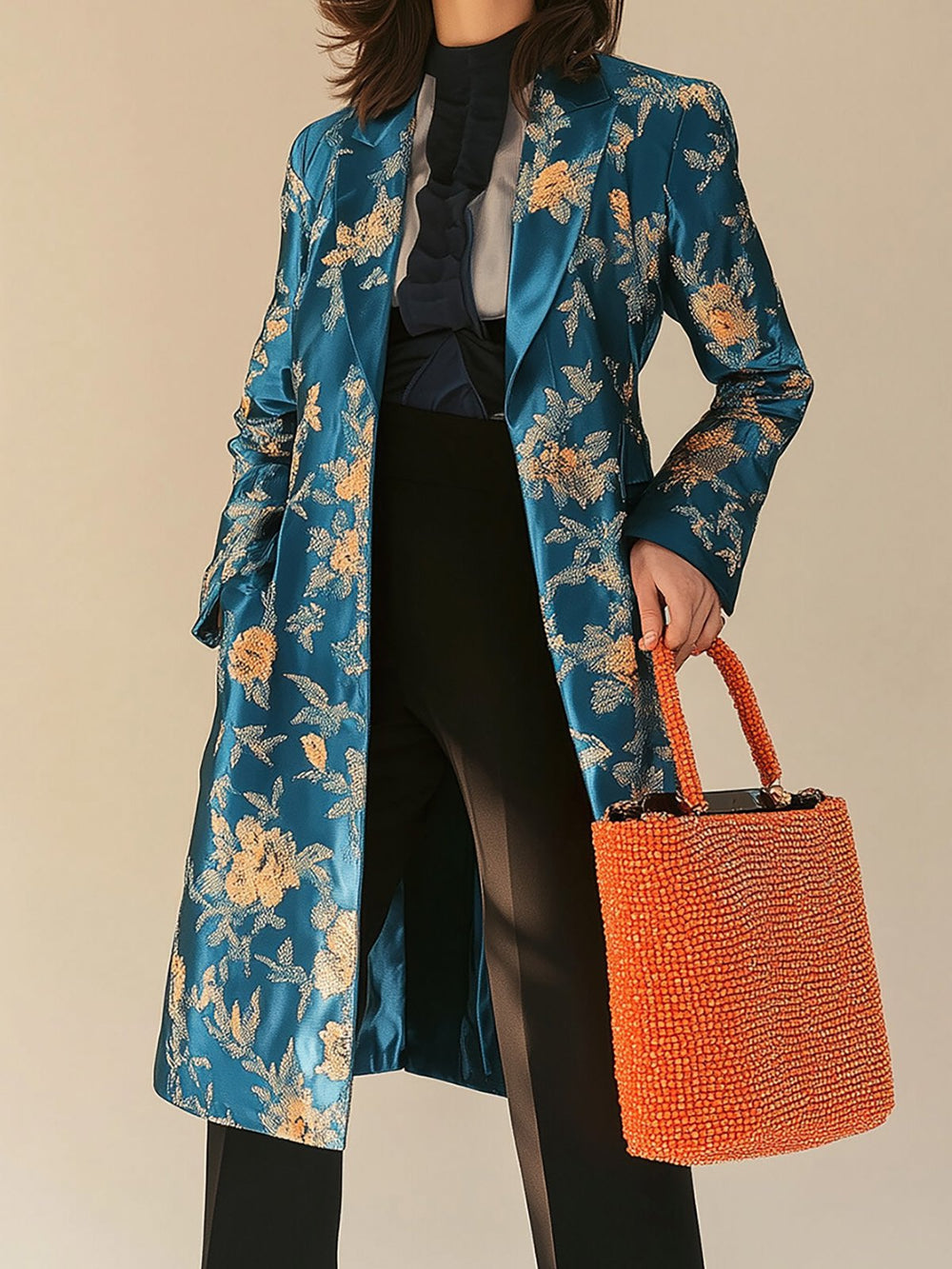 Botanical Luxe Elegant Blue Satin Overcoat with Gold Motifs