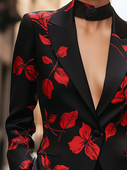 Leaf Pattern Satin Print Blazer