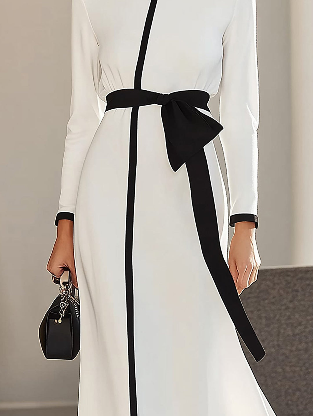 Elegant Black-Trimmed Belted Dress