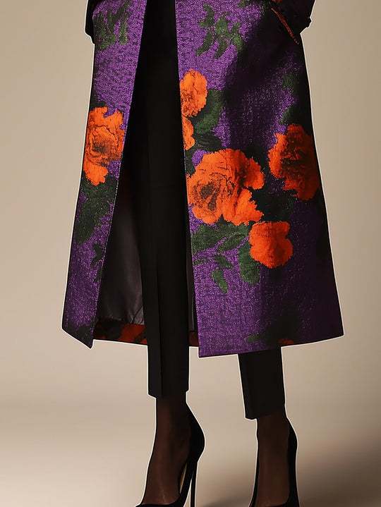 Vibrant Floral Satin Overcoat in Purple and Orange