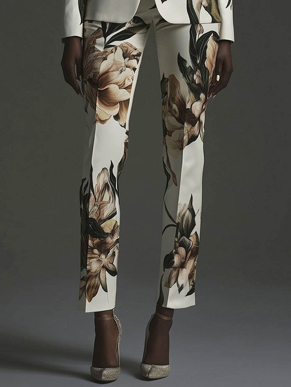 Ivory Bloom Elegant White and Beige Floral Suit - Pants