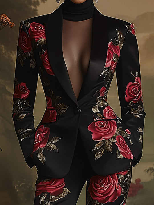 Sophisticated Rose Print Blazer Set - Blazer