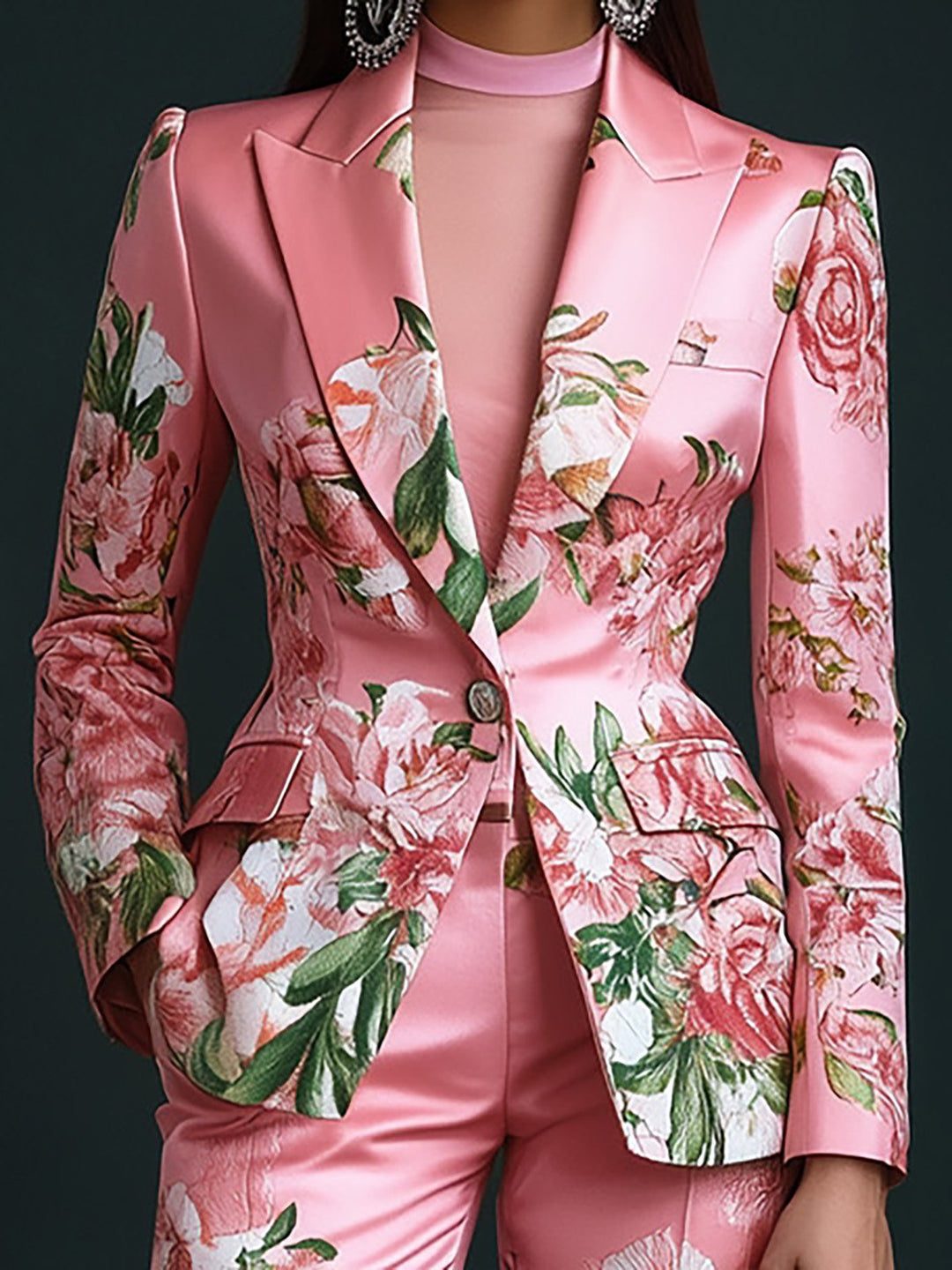 Chic Pink Floral Print Satin Blazer Ensemble - Blazer