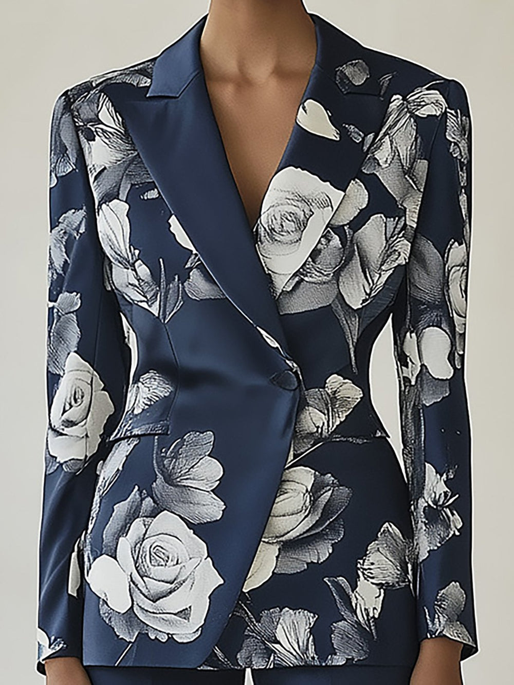 Elegant Navy Blue Floral Print Suit - Blazer