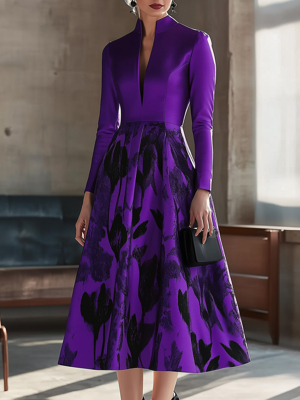 Elegant Purple V-Neck Satin Printed Dress