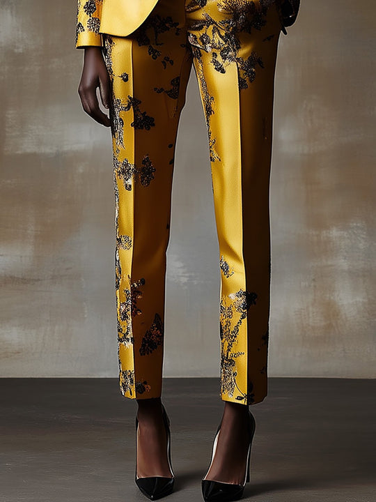 Tropical Glamour Satin Floral Suit with a Luxe Finish - Pants