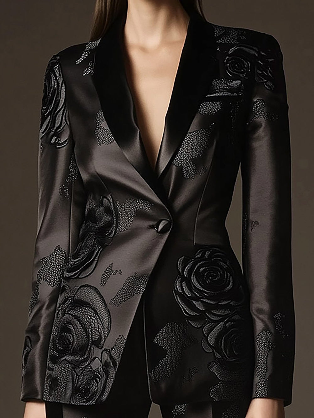 Modern Floral-Embellished Satin Suit - Blazer