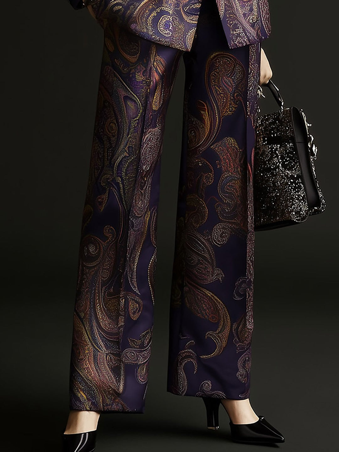 Regal Elegance Dark Paisley Satin Blazer Suit - Pants