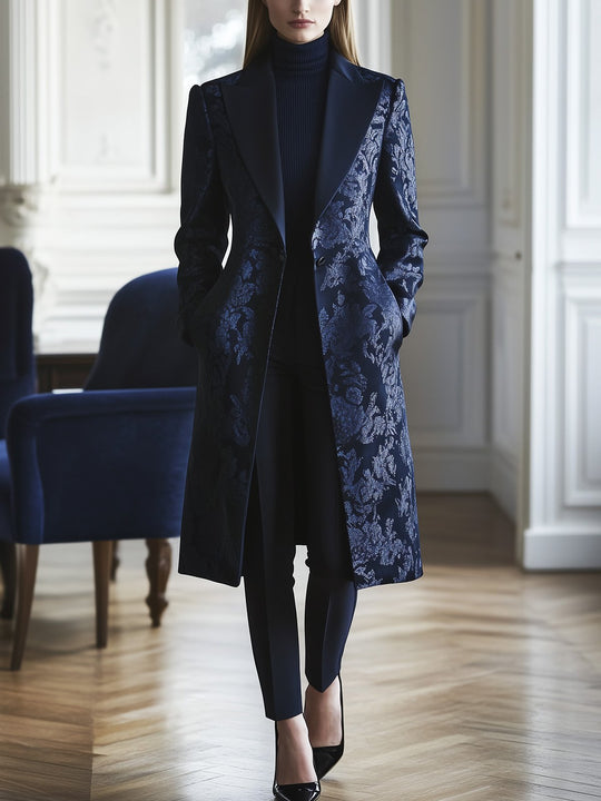 Navy Baroque Print Satin Outerwear