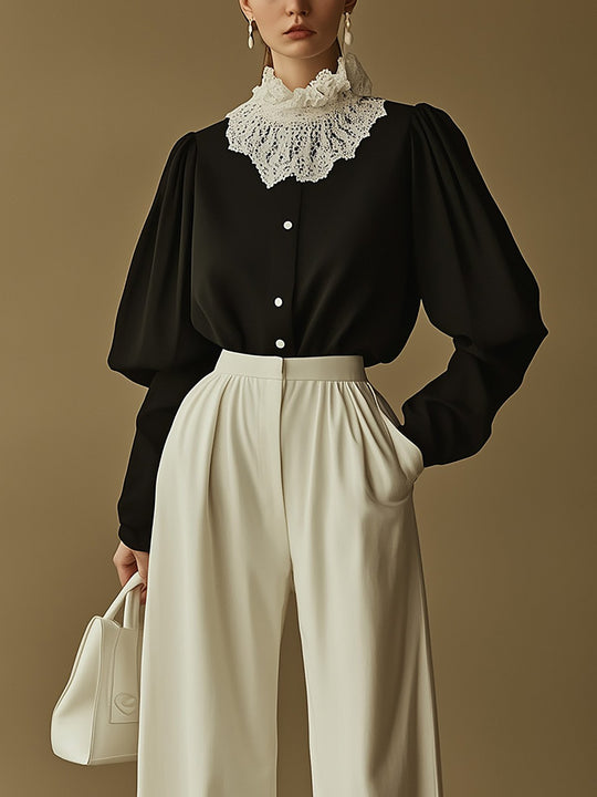 Lace Detail Shirt and Pants Set - Shirt