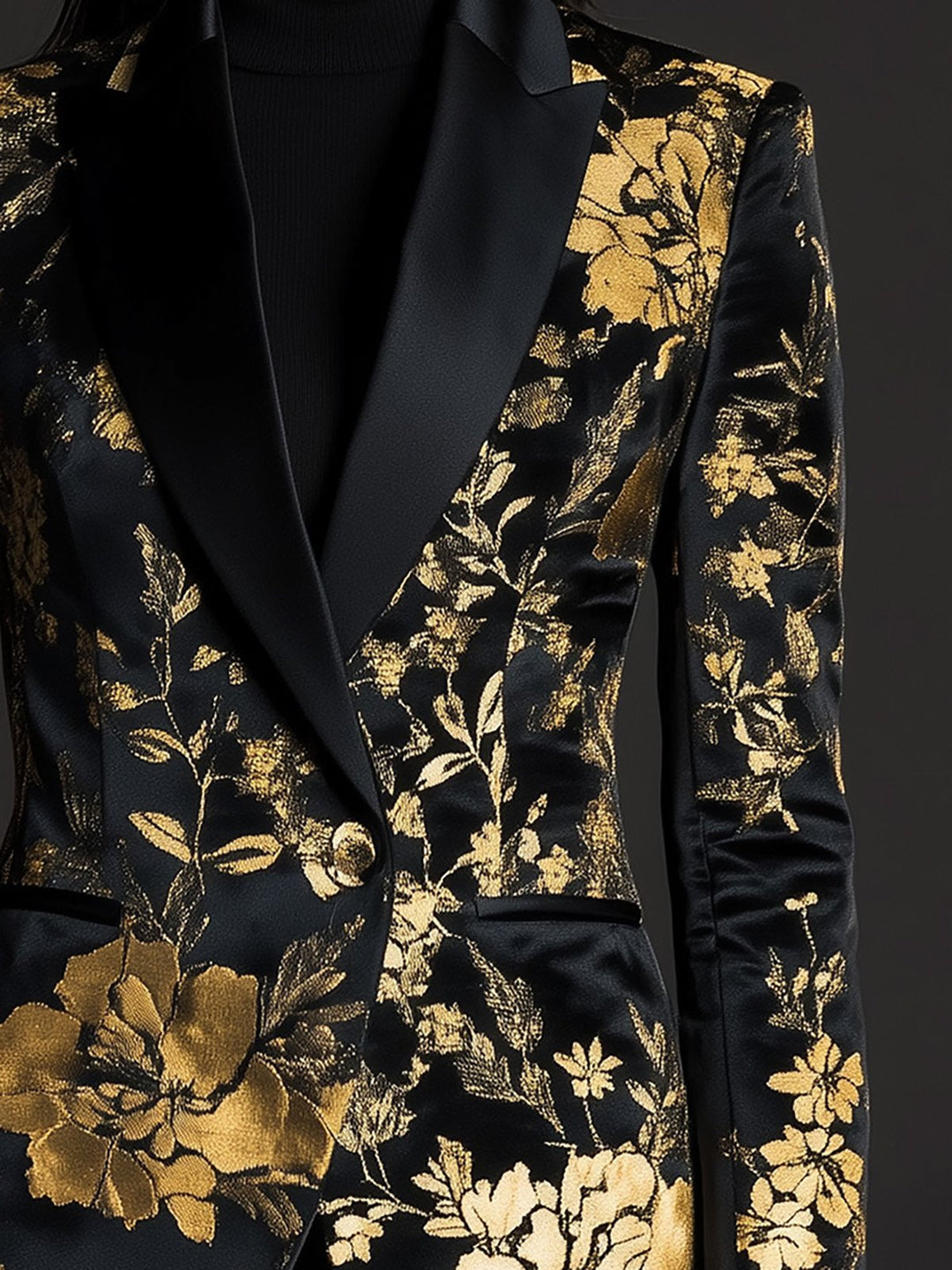 High-End Black and Gold Satin Jacquard Blazer