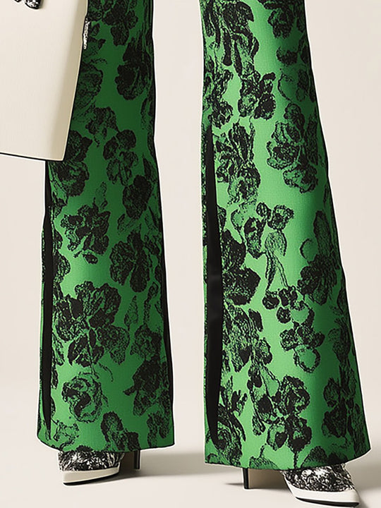 Garden of Glamour Green Floral Print Suit with Black Lapel - Pants