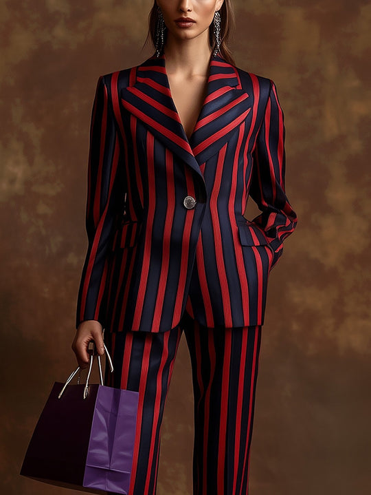 Elegant Red and Navy Stripe Ensemble - Blazer