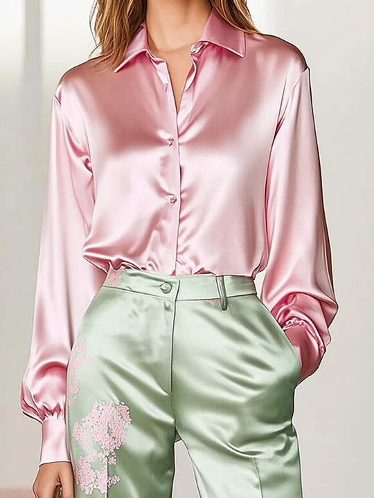 Pink and Green Satin Printed Shirt Suit - Shirt