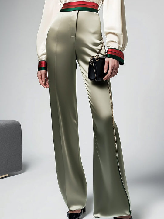 Sophisticated Satin Shirt Set with Bold Trim - Pants