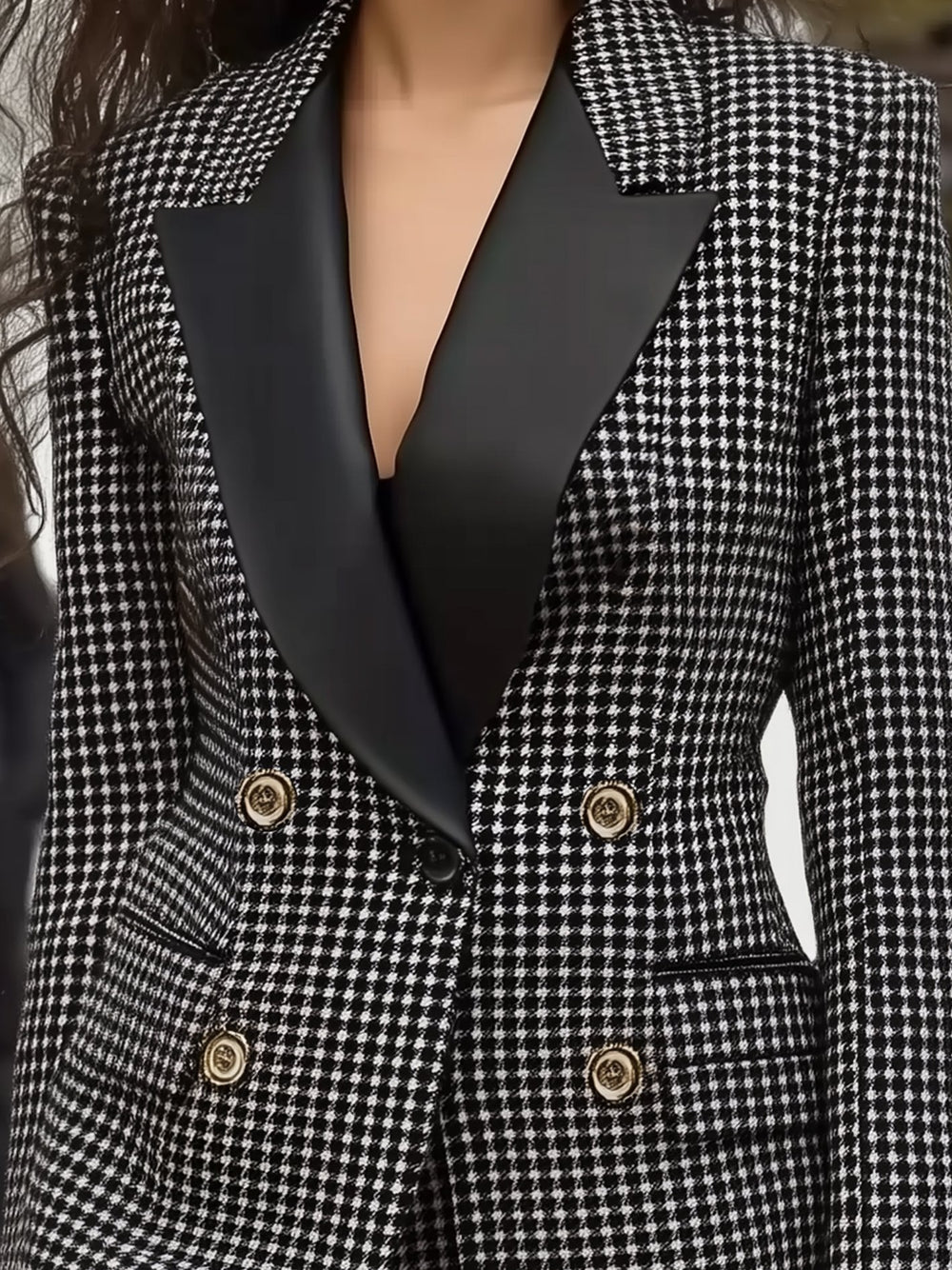 Black Houndstooth Mid-length Woolen  Coat