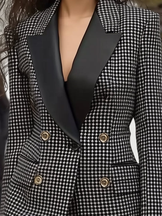 Black Houndstooth Mid-length Woolen  Coat