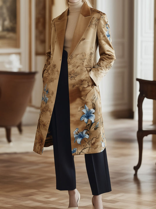 Timeless Satin Coat with Nature-Inspired Design