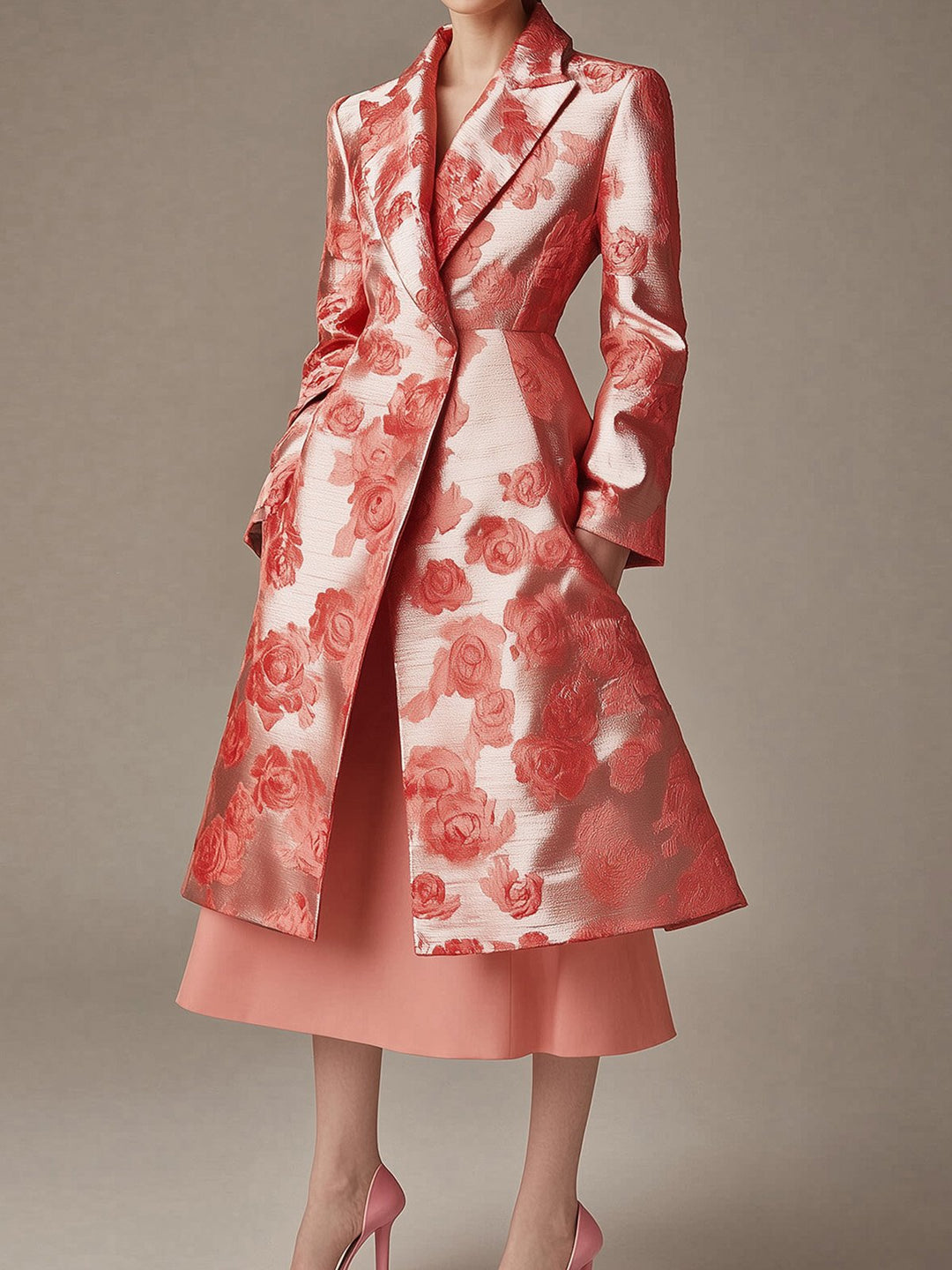 Floral Satin Coat in Coral