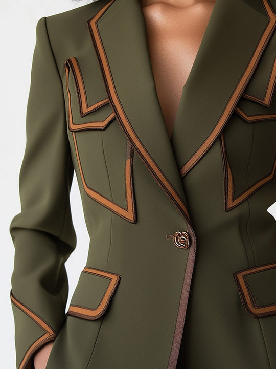 Olive Green Blazer with Brown Trim