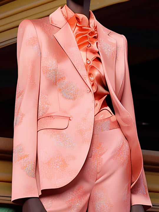 Chic Coral and Peach Printed Satin Set - Blazer